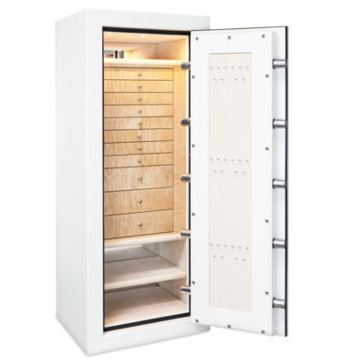 Aaron - Emerald Luxury Jewelry Safe in White with 11 Curly Maple Drawers, featuring a necklace rack and shelfs for fine jewelry storage