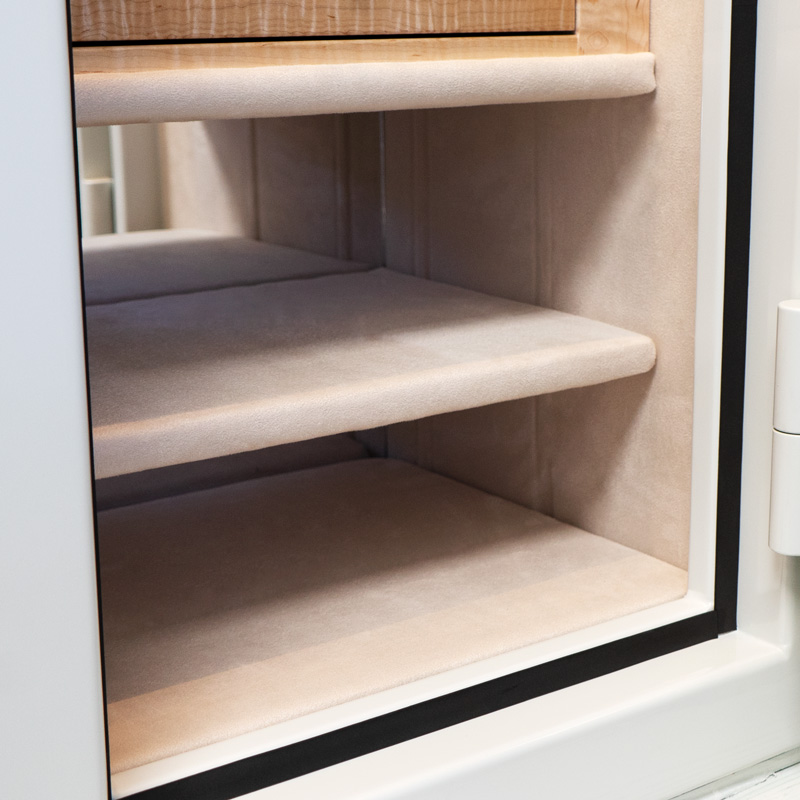 Shelves of Aaron - Emerald Luxury Jewelry Safe in White with 11 Curly Maple Drawers, featuring a necklace rack and shelfs for fine jewelry storage