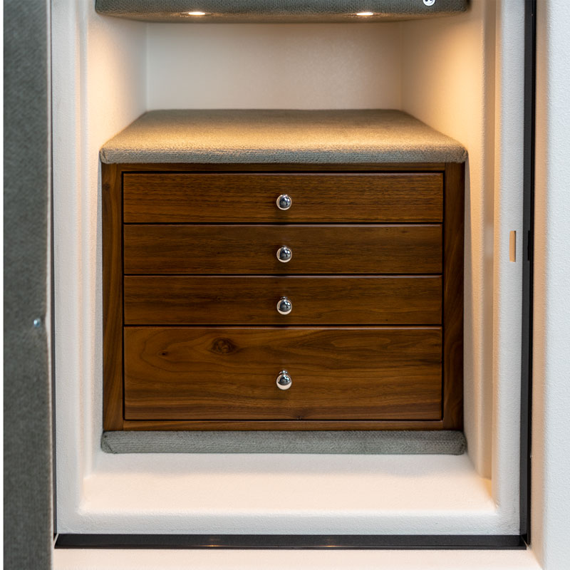 C21 in Textured White, 4 Walnut Drawers, Polished Chrome Hardware, Left Swing