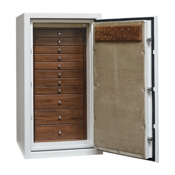 C34 in Textured White with Chrome, 11 Drawers in Walnut, and a Necklace Rack