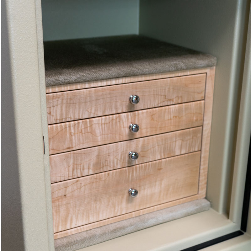C21 in Textured Parchment with Chrome Hardware, 4 Curly Maple Drawers