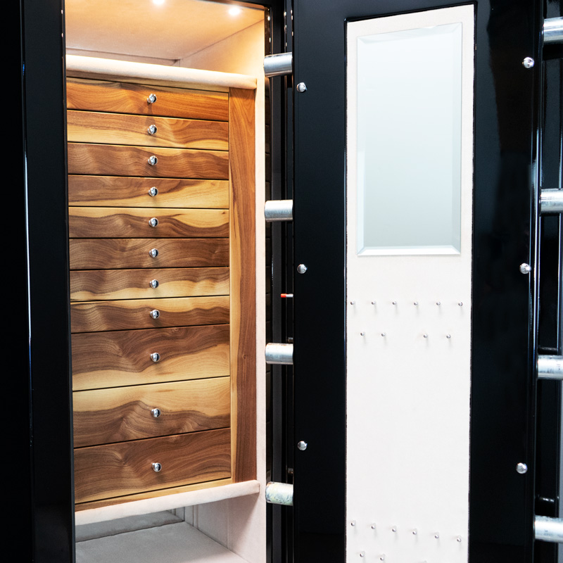 Drawers of Emerald in Onyx, Chrome, Distressed Walnut, Silver Mist, 11 Drawers, Necklace Panel and Mirror