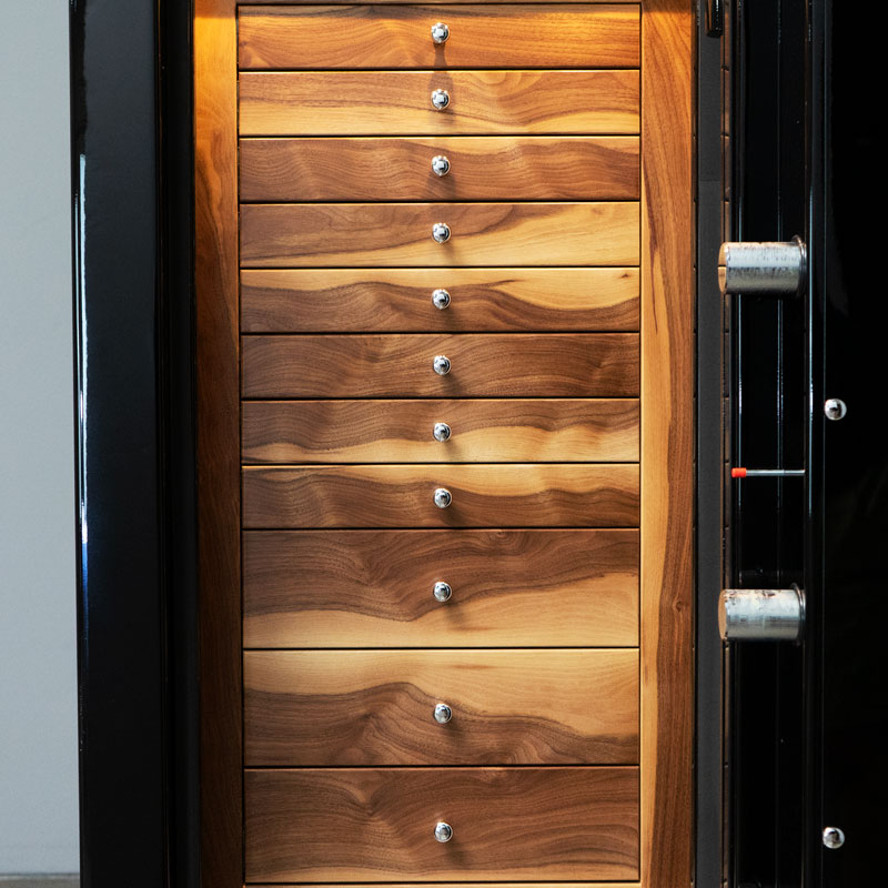 Front of Emerald in Onyx, Chrome, Distressed Walnut, Silver Mist, 11 Drawers, Necklace Panel and Mirror