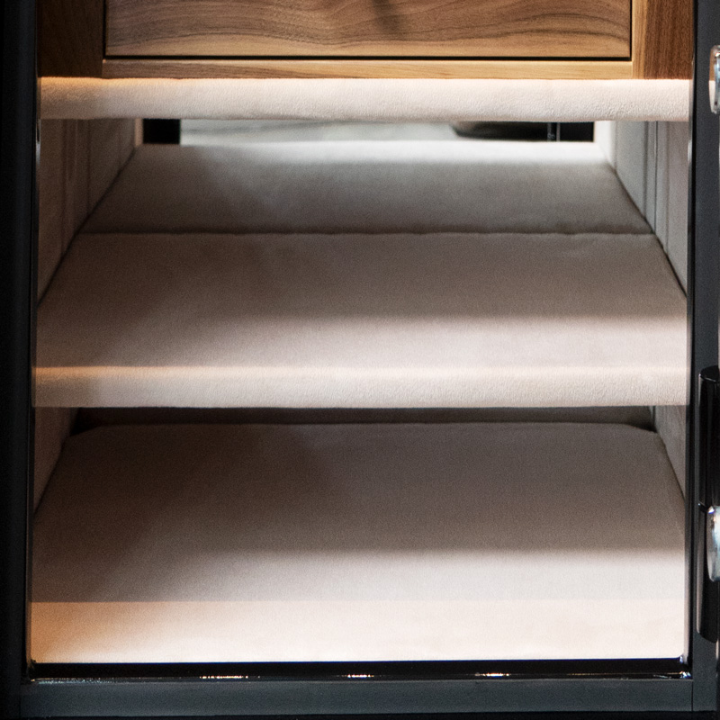 Shelves of Emerald in Onyx, Chrome, Distressed Walnut, Silver Mist, 11 Drawers, Necklace Panel and Mirror