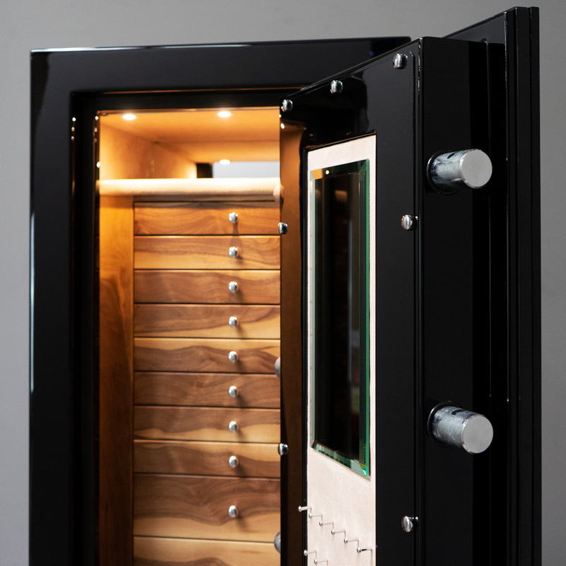 Door of Emerald in Onyx, Chrome, Distressed Walnut, Silver Mist, 11 Drawers, Necklace Panel and Mirror