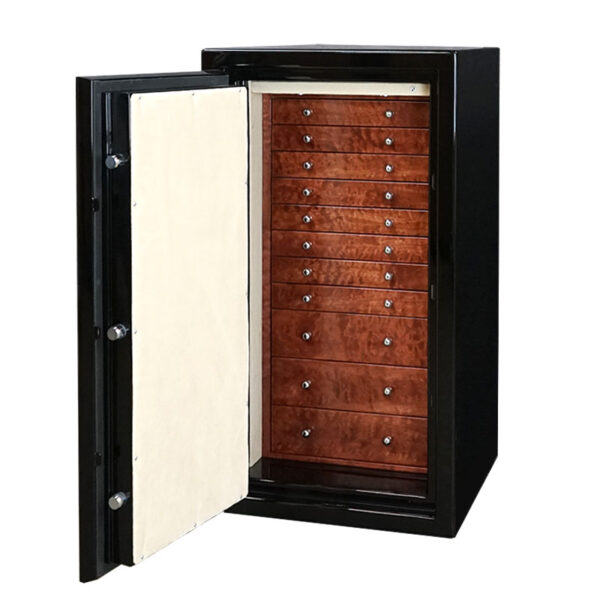 Amethyst in Onyx, Chrome, 11 Drawers in Wilted Maple, Champagne Microsuede