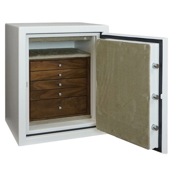 C21 in Textured White, Chrome, 5 Walnut Drawers
