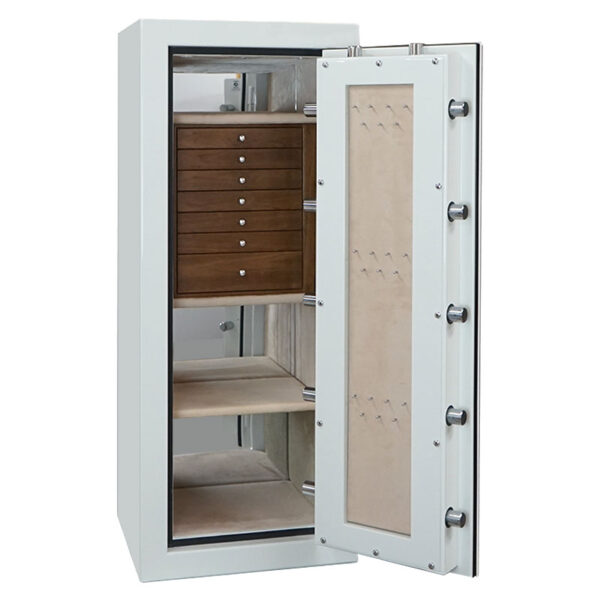 Emerald in Alabaster with Chrome, 7 Drawers in Walnut, Oyster, Necklace Panel