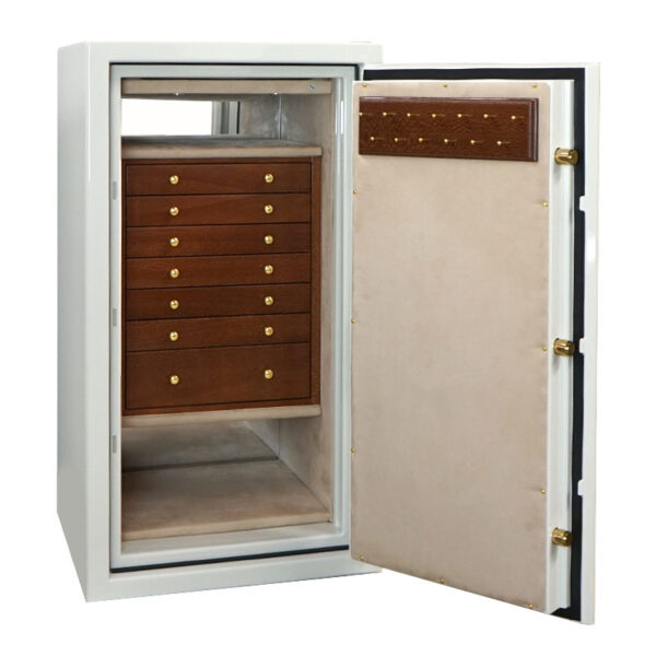 Amethyst in Alabaster, Brass, 7 Drawers + Necklace Rack in Lacewood, Oyster microsuede