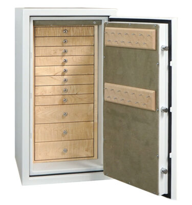 C34 in Textured White, Chrome, 11 Drawers in Curly Maple, Necklace Panels