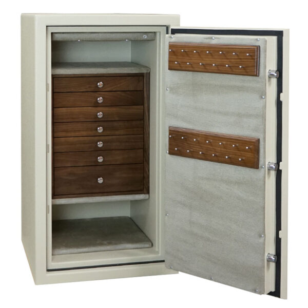 C34 in Textured Parchment, Chrome, 7 Walnut Drawers, Necklace Racks