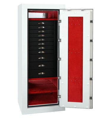 Emerald in Alabaster with Brushed Chrome, 11 Drawers in Blackwood, Crimson microsuede, Necklace Panel