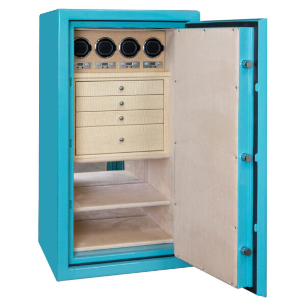 Amethyst in Jewelry Box Blue with Chrome, Champagne Microsuede, 4 Drawers in Curly Maple and 4 Watch Winders