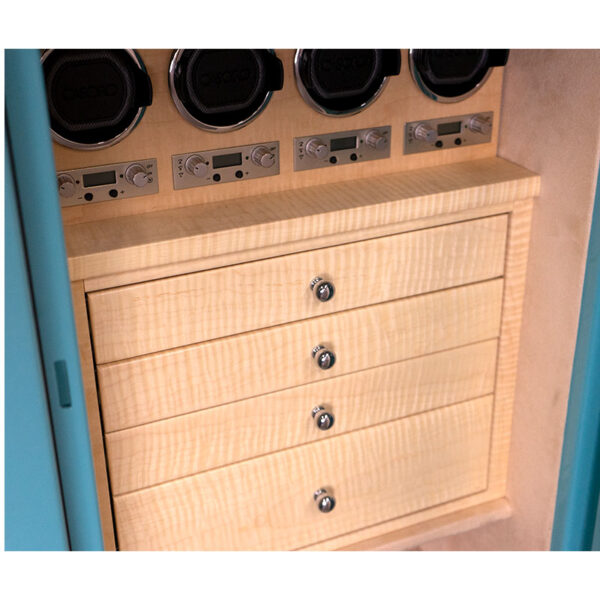 Jewelry Box Blue Exterior with Curly Maple, Chrome, Champagne Interior