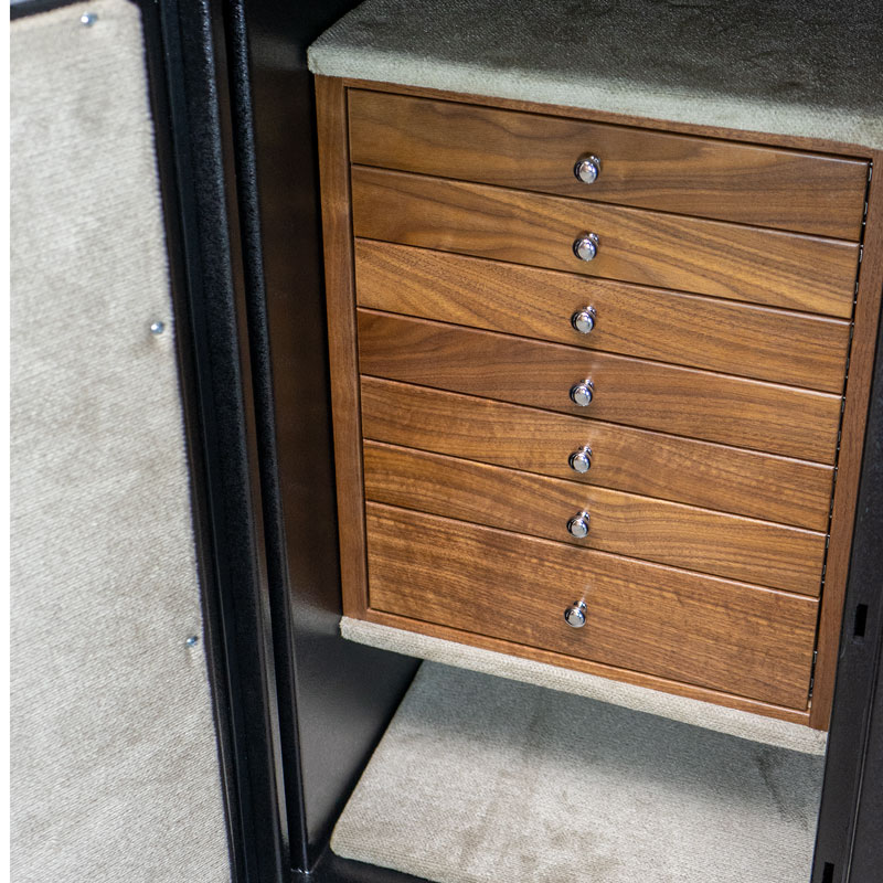 C34 in Textured Black with Chrome, 7 Drawers in Walnut