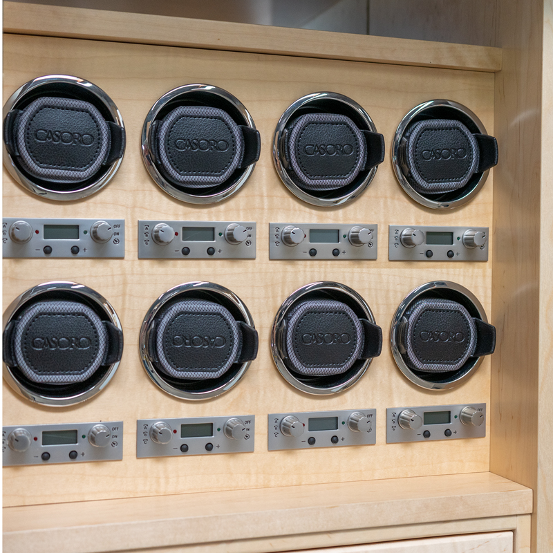 8 Fully Programmable Watch Winders in Curly Maple and Chrome