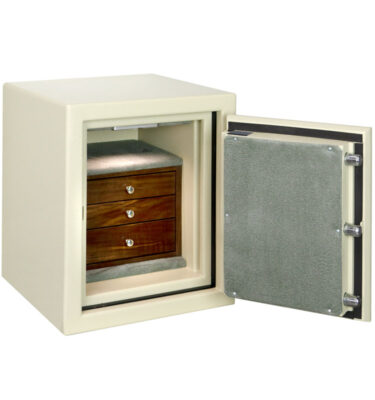Wren - C15 Jewelry Safe (right Swing) in Textured Parchment with Chrome, 3 Drawers in Walnut