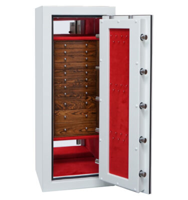 Emerald in Alabaster, Chrome, 11 Bocote Drawers, Crimson Microsuede, Necklace Panel