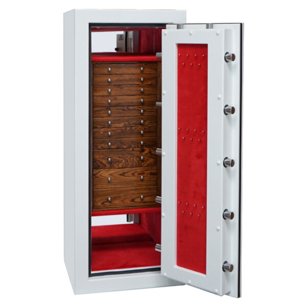 Emerald in Alabaster, Chrome, 11 Bocote Drawers, Crimson Microsuede, Necklace Panel