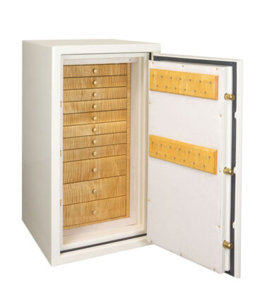 Amethyst Jewelry Safe in Warm Cream with Satin Brass, 11 Drawers in High Gloss Curly Maple, Champagne Microsuede, Necklace Racks