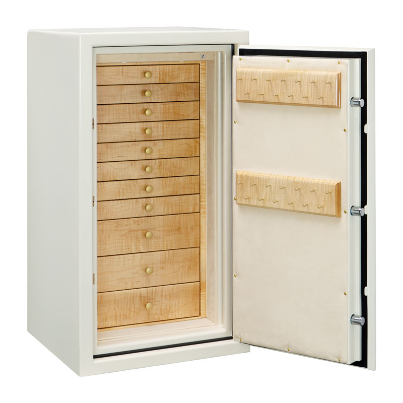 Amethyst Jewelry Safe in Warm Cream with Satin Brass, 11 Drawers in High Gloss Curly Maple, Champagne Microsuede, Necklace Racks
