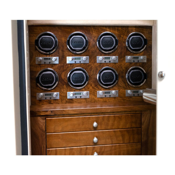 Curly Walnut Jewelry Drawers and Watch Winder Panel with Satin Chrome Hardware