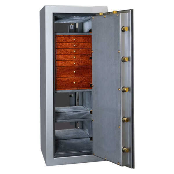 Emerald in Titanium with Brass Hardware, Charcoal Microsuede, 7 Drawers in High Gloss Bubinga