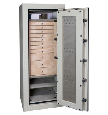 C54 Jewelry Safe in Textured Parchment with 11 Curly Maple Drawers, Chrome Hardware, Necklace Panel