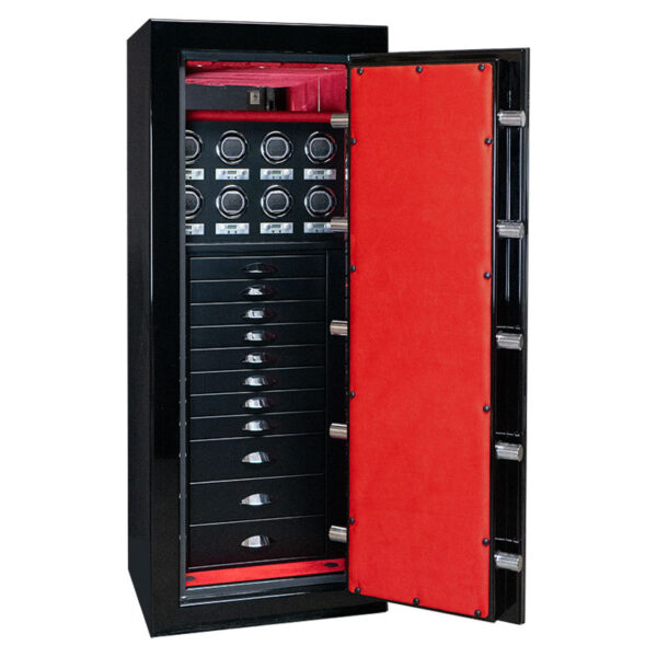 Emerald in Onyx with Blackwood, Crimson Microsuede, Chrome Hardware, 11 Drawers, 8 Watch Winders