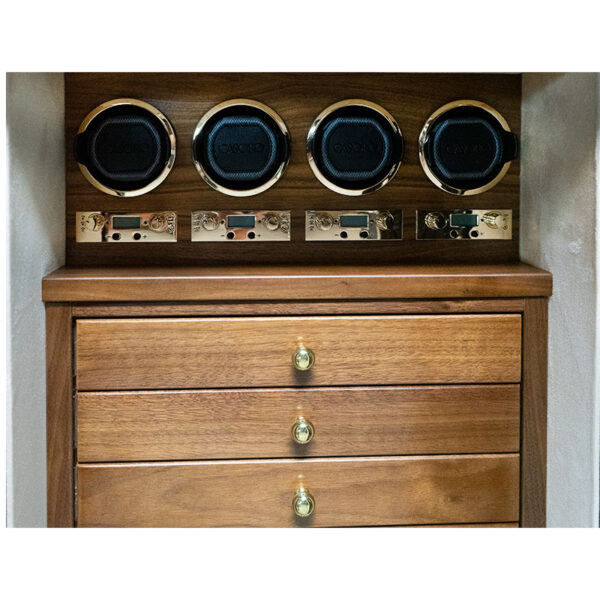 Walnut with Brass and Champagne Microsuede
