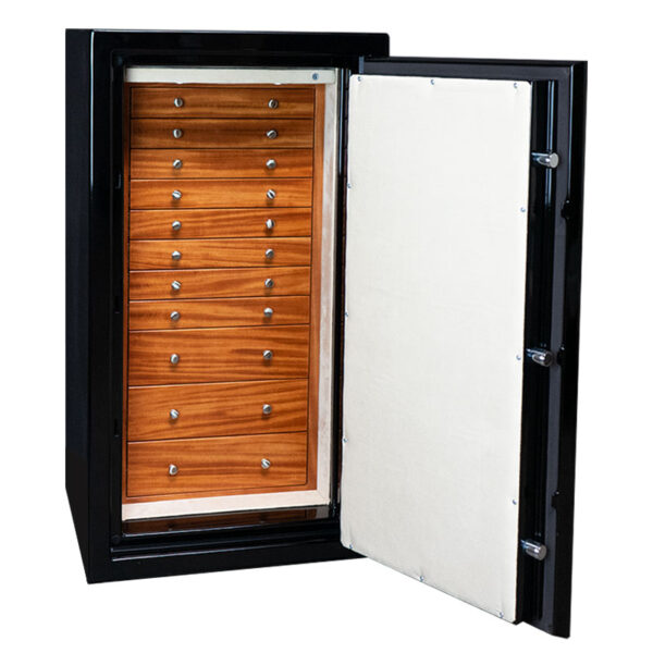 Amethyst in Onyx, 11 Drawers in Mahogany, Champagne Microsuede, Satin Chrome Hardware