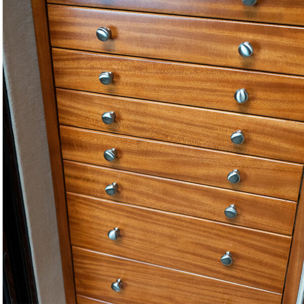 Mahogany with Satin Chrome Hardware, Champagne Microsuede