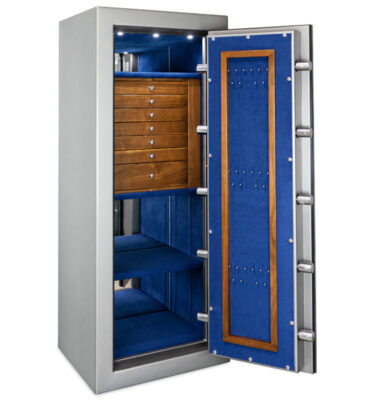Leo - Emerald in Titanium with 7 Walnut Drawers, Chrome Hardware, Royal Blue Microsuede, Necklace Panel
