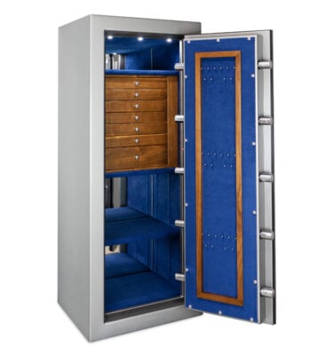 Leo - Emerald in Titanium with 7 Walnut Drawers, Chrome Hardware, Royal Blue Microsuede, Necklace Panel