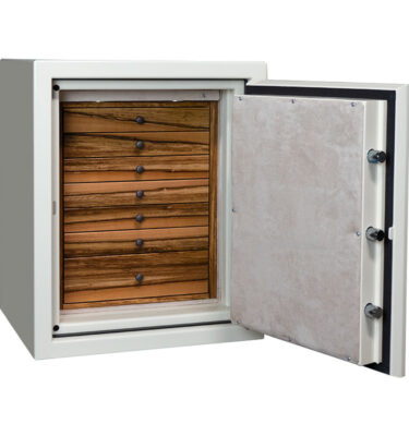 Sapphire in Warm Cream with Oil Rubbed Bronze Hardware, Oyster Microsuede and 7 Drawers in African Olive