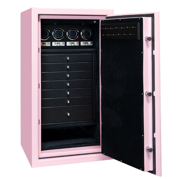 Amethyst in Precious Pink with Chrome Hardware, Ebony Microsuede, 7 Blackwood Drawers, 4 Watch Winders, Necklace Rack