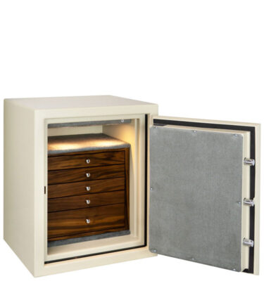 C21 Jewelry Safe in Textured Parchment, 5 Drawers, Chrome Hardware