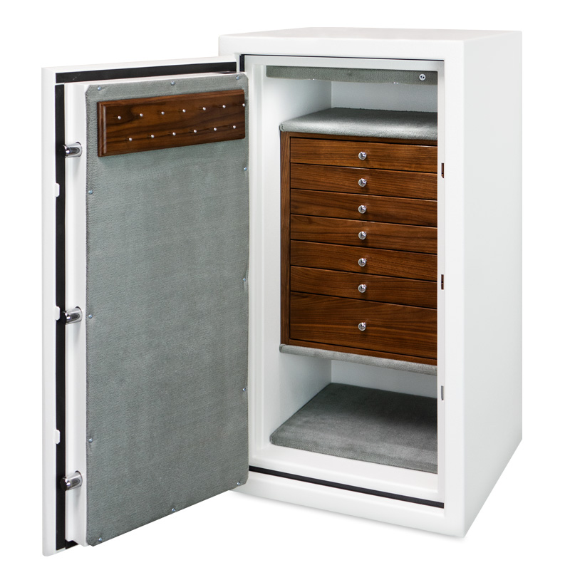 C34 (left swing) Textured White with Chrome Hardware, 7 Walnut Drawers and Necklace Rack
