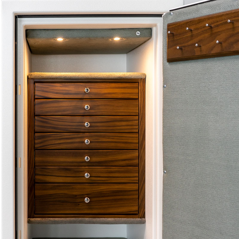 C34 Textured White with Chrome Hardware, 7 Walnut Drawers and Necklace Rack