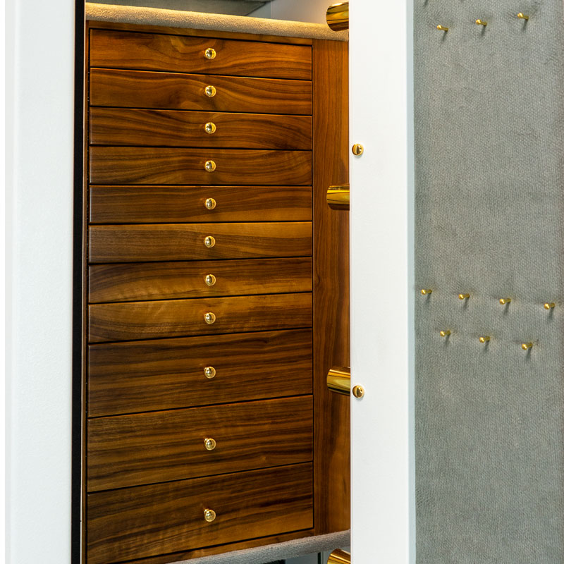 Textured White Safe with Walnut Jewelry Drawers and Brass Hardware