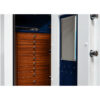 Alabaster Jewelry Safe with Mahogany Drawers, Royal Blue Microsuede Necklace Panel with Mirror