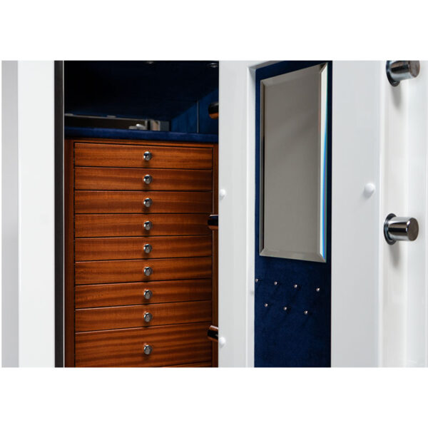 Alabaster Jewelry Safe with Mahogany Drawers, Royal Blue Microsuede Necklace Panel with Mirror
