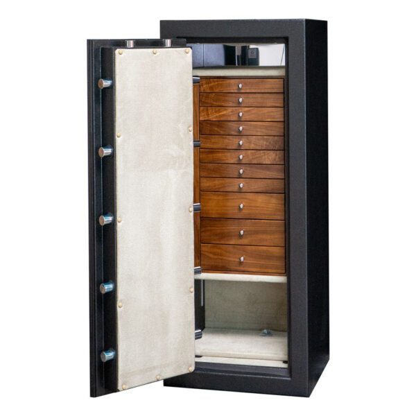 C54 Tall Jewelry Safe in Textured Black with 11 Walnut Drawers and Polished Chrome Hardware