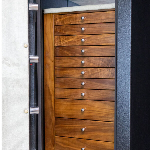 C54 Tall Jewelry Safe in Textured Black with 11 Walnut Drawers and Polished Chrome Hardware