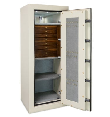 Julian C54 (size large) Textured Parchment Jewelry Safe with 7 Walnut Drawers, Brass Hardware, Door Necklace Panel