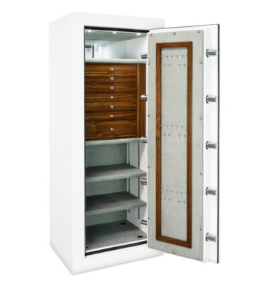 C54 (size large) Textured White Jewelry Safe with 7 Walnut Drawers, Chrome Hardware, Door Necklace Panel