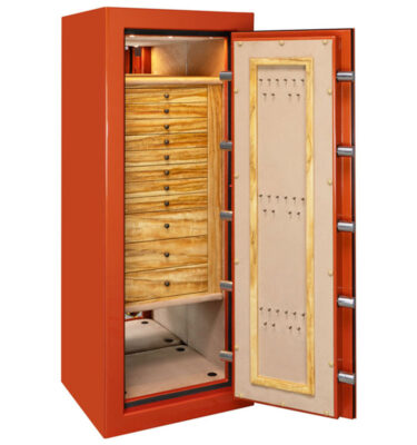Emerald (size) Jewelry Safe in Burnt Orange, 11 Primavera Jewelry Drawers, Oil Rubbed Bronze, Camel Microsuede, Necklace Panel