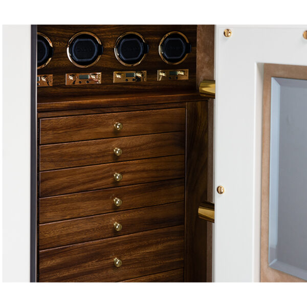 Emerald in Warm Cream, Brass Hardware, Camel Mircosuede, 7 Drawers in Monkeywood, 4 Watch Winders, Necklace Panel with a Mirror
