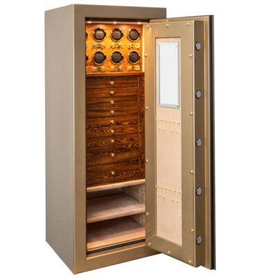 Emerald in Bullion Gold with Brass Hardware, Camel Microsuede, Bocote Wood, 9 Drawers, 8 Watch Winders and Necklace Panel with Mirror - by Casoro Jewelry & Watch Safes