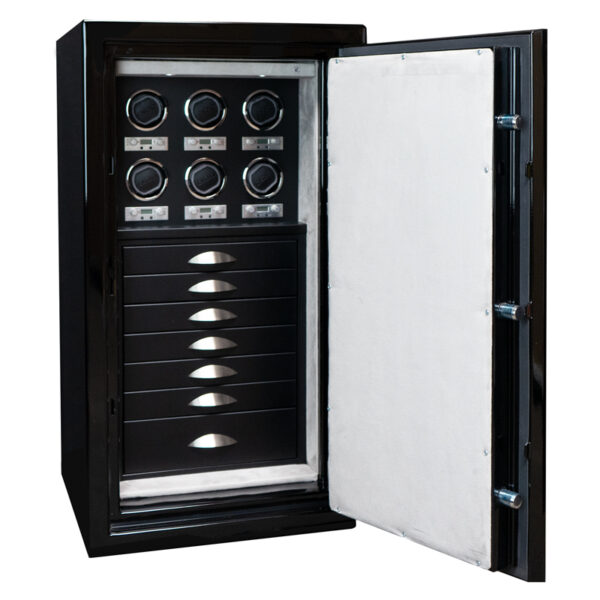 Amethyst in Onyx with Satin Chrome Hardware, Silver Mist Microsuede, 7 Blackwood Drawers and 6 Watch Winders